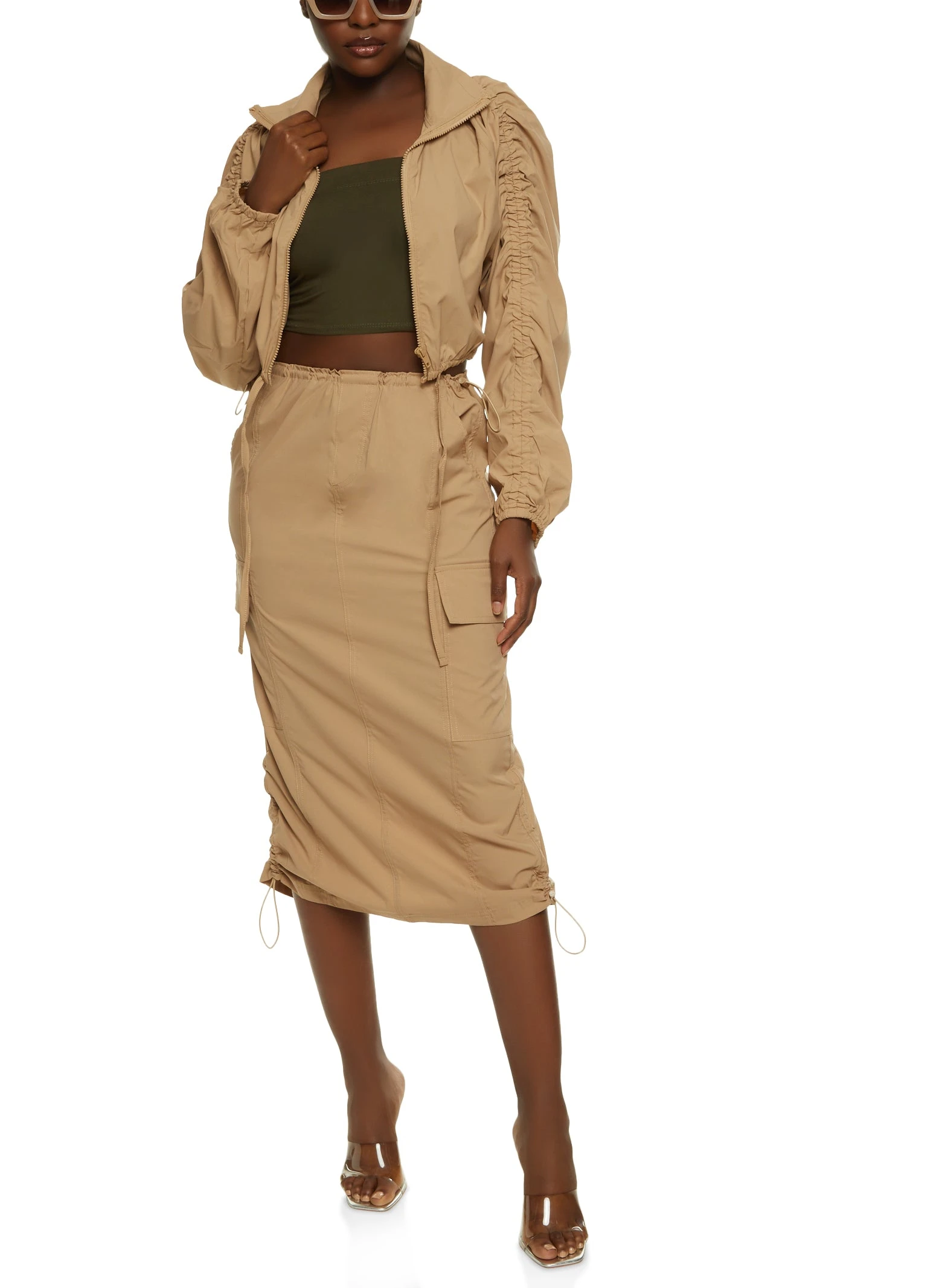 Nylon Zip Front Ruched Sleeve Track Jacket - Image 2