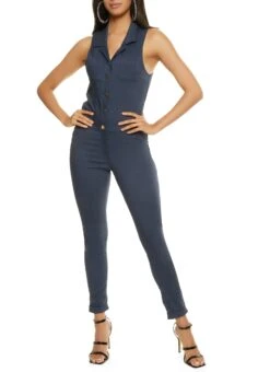 Twill Button Front Hyper Stretch Jumpsuit