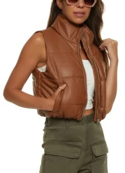 Ambiance Faux Leather Cropped Puffer Vest