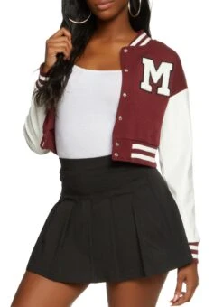 Chenille Graphic Patch PU Sleeve Cropped Varsity Jacket