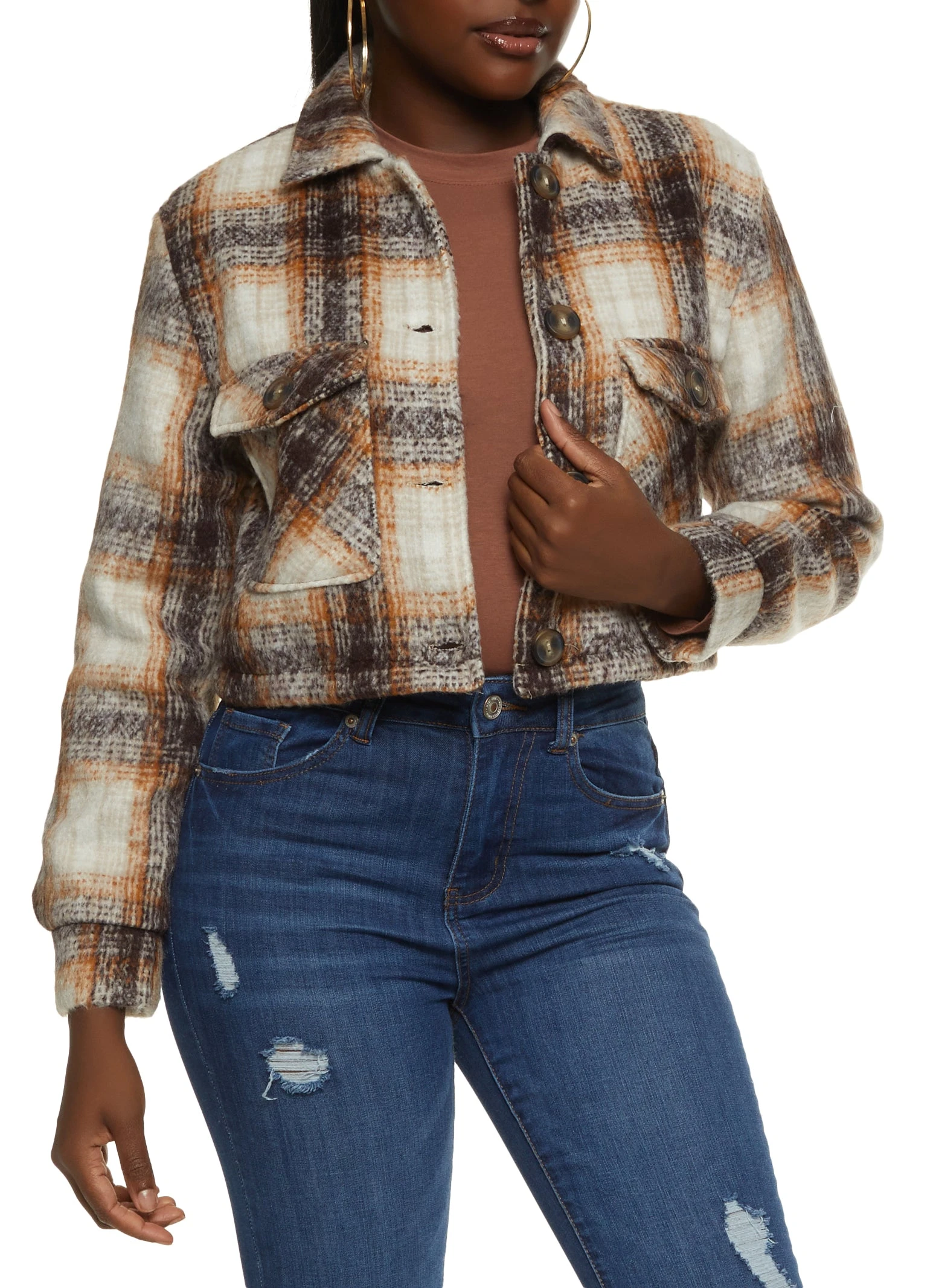 Ambiance Plaid Button Front Cropped Shacket