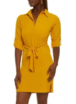 Crepe Knit Tabbed Sleeves Shirt Dress