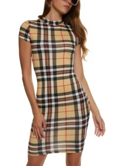 Plaid Mock Neck Midi Dress