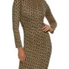 Maze Print Mock Neck Long Sleeve Midi Dress