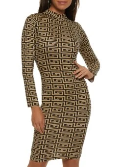 Maze Print Mock Neck Long Sleeve Midi Dress
