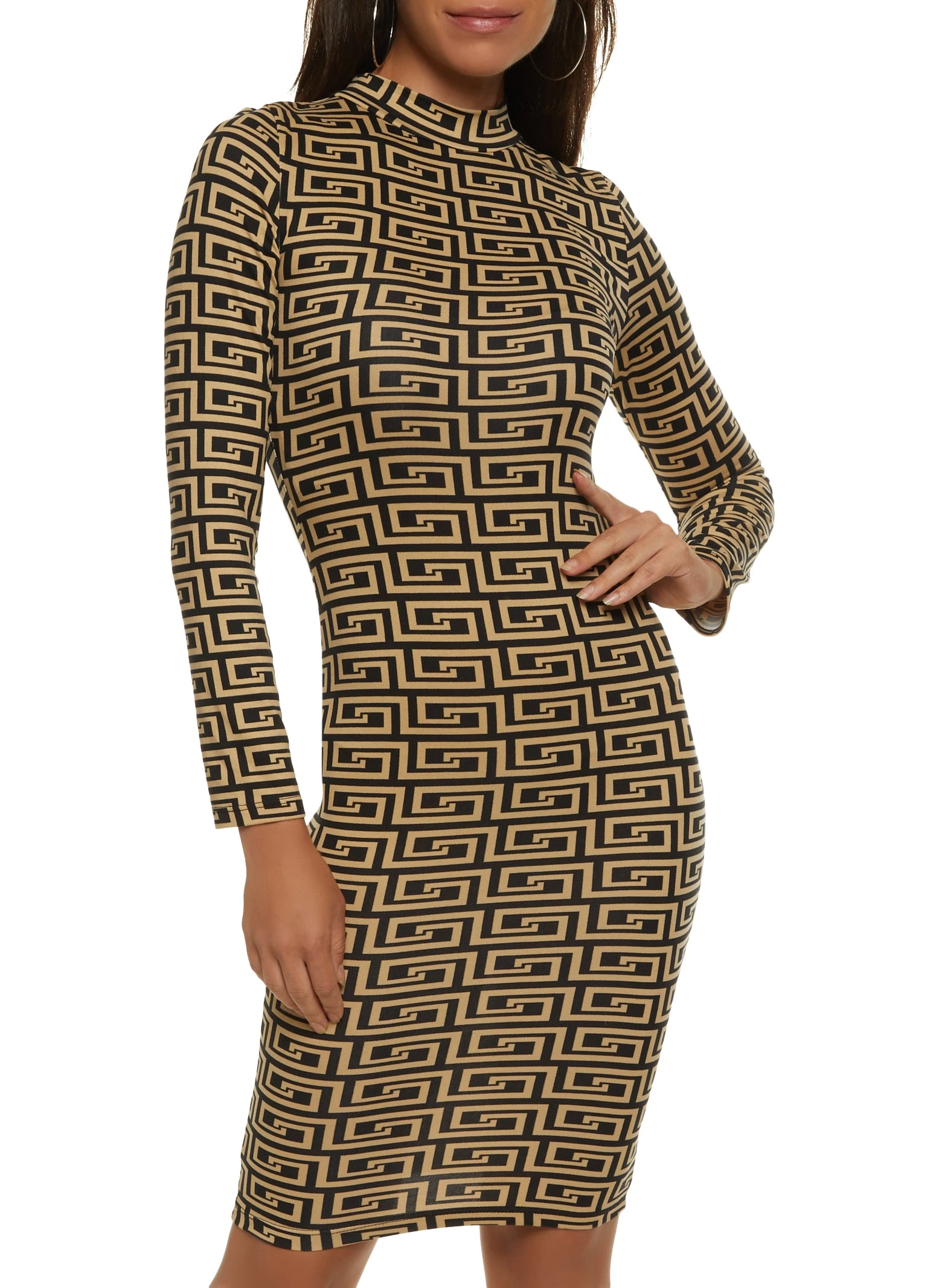 Maze Print Mock Neck Long Sleeve Midi Dress