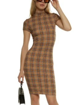 Plaid Mock Neck Bodycon Dress