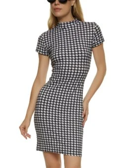 Houndstooth Mock Neck Bodycon Dress