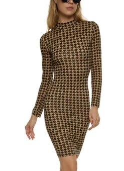 Houndstooth Long Sleeve Bodycon Dress
