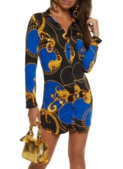 Status Print Button Front Mini Dress