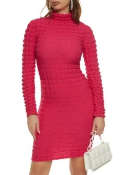 Bubble Knit Mock Neck Bodycon Dress