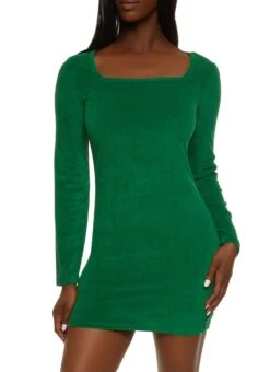 Corduroy Square Neck Long Sleeve Mini Dress