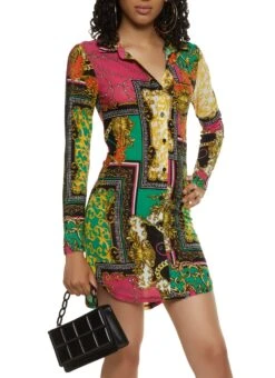 Status Print Button Front Shirt Dress