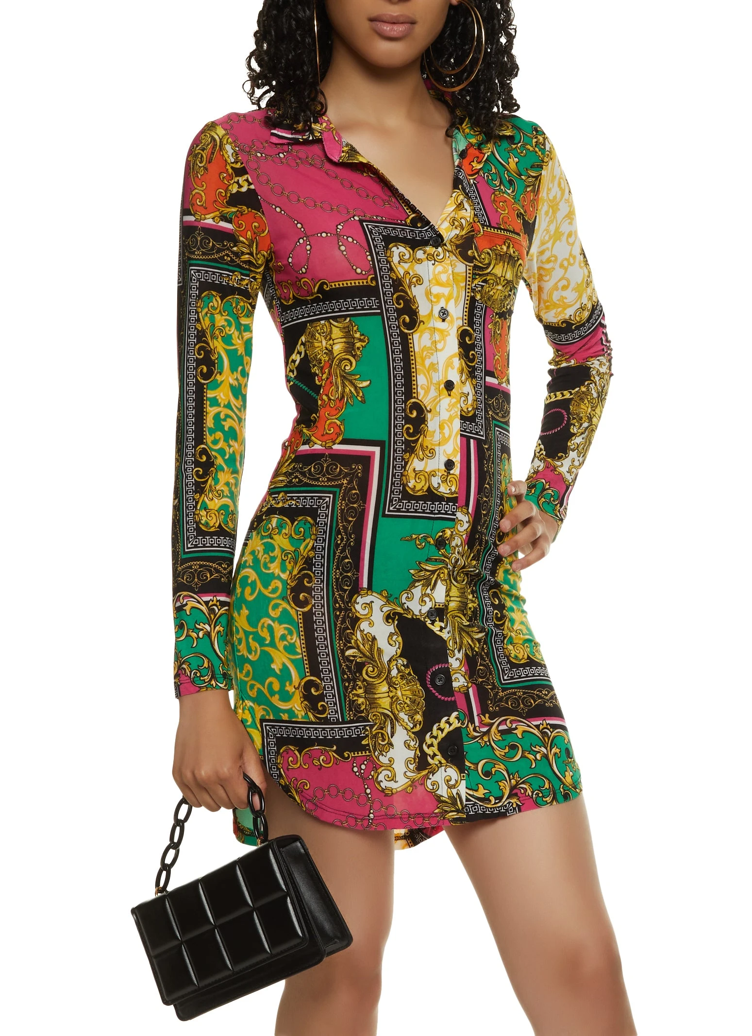 Status Print Button Front Shirt Dress