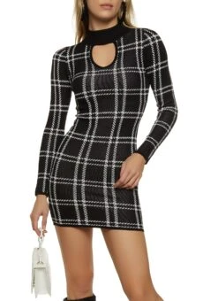 Plaid Mock Neck Keyhole Sweater Dress