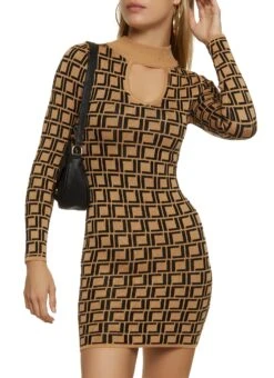 Geometric Print Keyhole Sweater Dress
