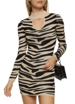 Zebra Print Mock Neck Keyhole Sweater Dress