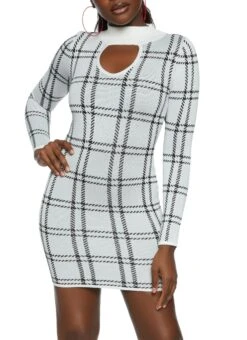 Mock Neck Plaid Keyhole Sweater Dress