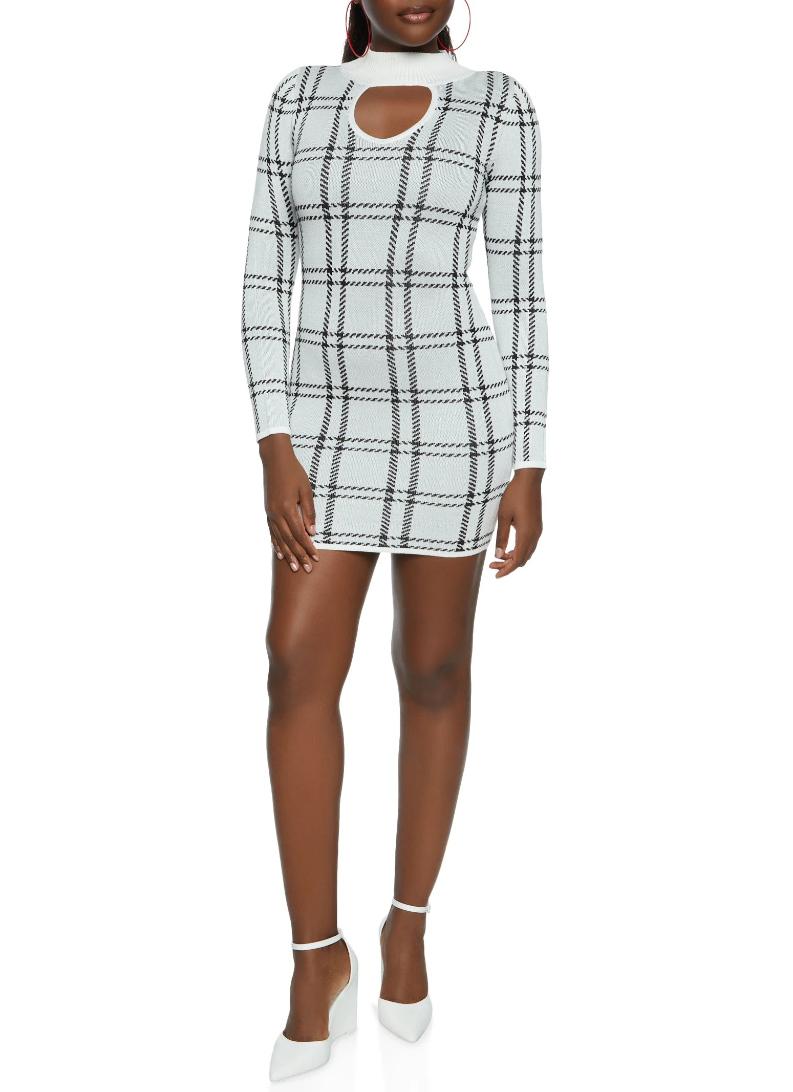 Mock Neck Plaid Keyhole Sweater Dress - Image 2