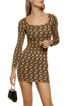 Geometric Print Square Neck Sweater Dress