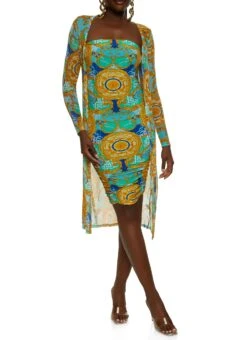 Greek Key Baroque Print Ruched Tube Dress And Duster