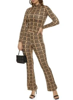 Greek Key Print Mock Neck Top And Pants Set