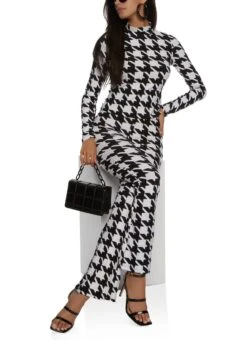 Houndstooth Mock Neck Top And Pants Set