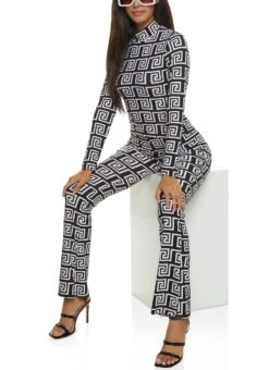 Greek Key Mock Neck Top And Pants Set