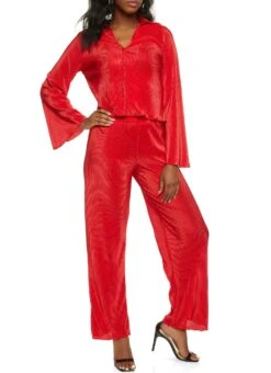 Plisse Button Front Shirt And Wide Leg Pant Set