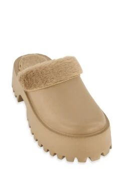 Lug Sole Faux Fur Trim Platform Slide Clogs