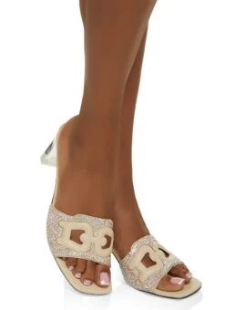 Rhinestone Cut Out Band Block Heel Sandals