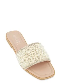 Faux Pearl Band Flat Sandals