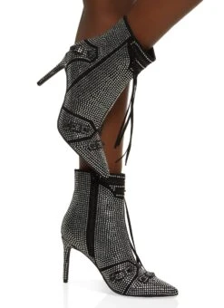 Studded Pointed Toe Buckle Detail Ankle Boots
