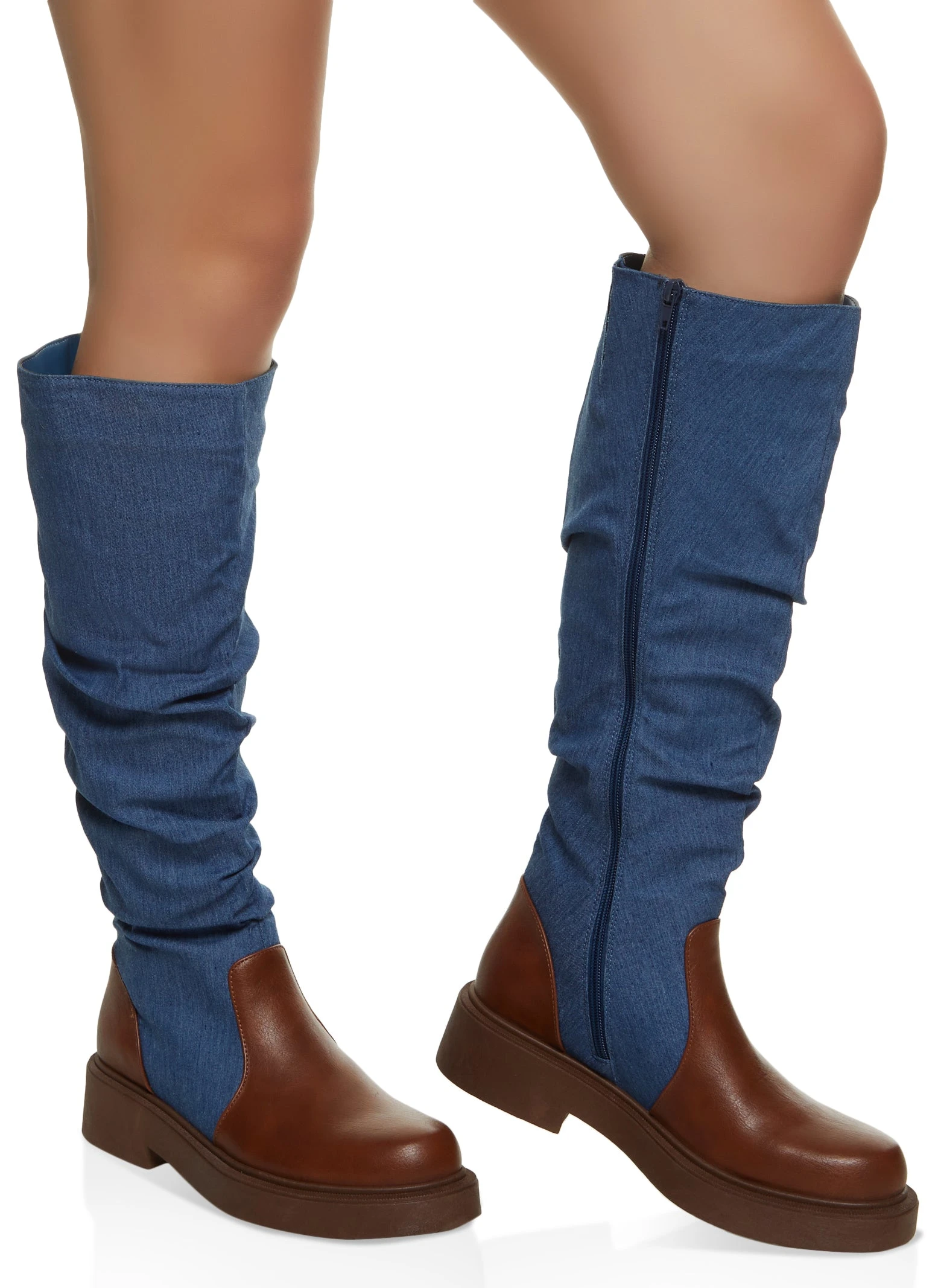 Faux Leather Round Toe Ruched Tall Boots - Image 2