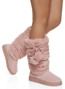 Solid Faux Fur Pom Pom Tall Boots
