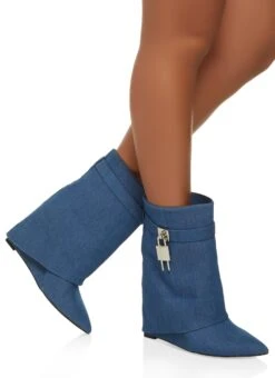 Mid Calf Fold Over Wedge Booties