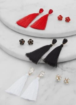 Set Of 6 Rhinestone Stud And Tassel Earrings