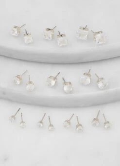 Set Of 10 Cubic Zirconia Stud Earrings