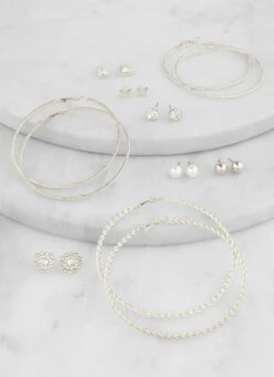 Set Of 9 Rhinestone Stud And Textured Hoop Earrings