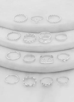 Set Of 15 Metallic Rhinestone Rings