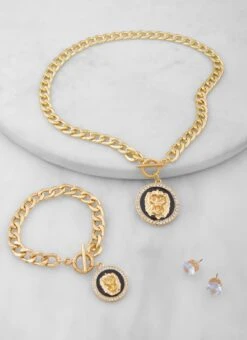 Lion Head Cuban Link Chain Necklace With Bracelet And Stud Earrings