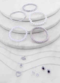 Heart Layered Necklace With Beaded Bracelets And Stud Earrings