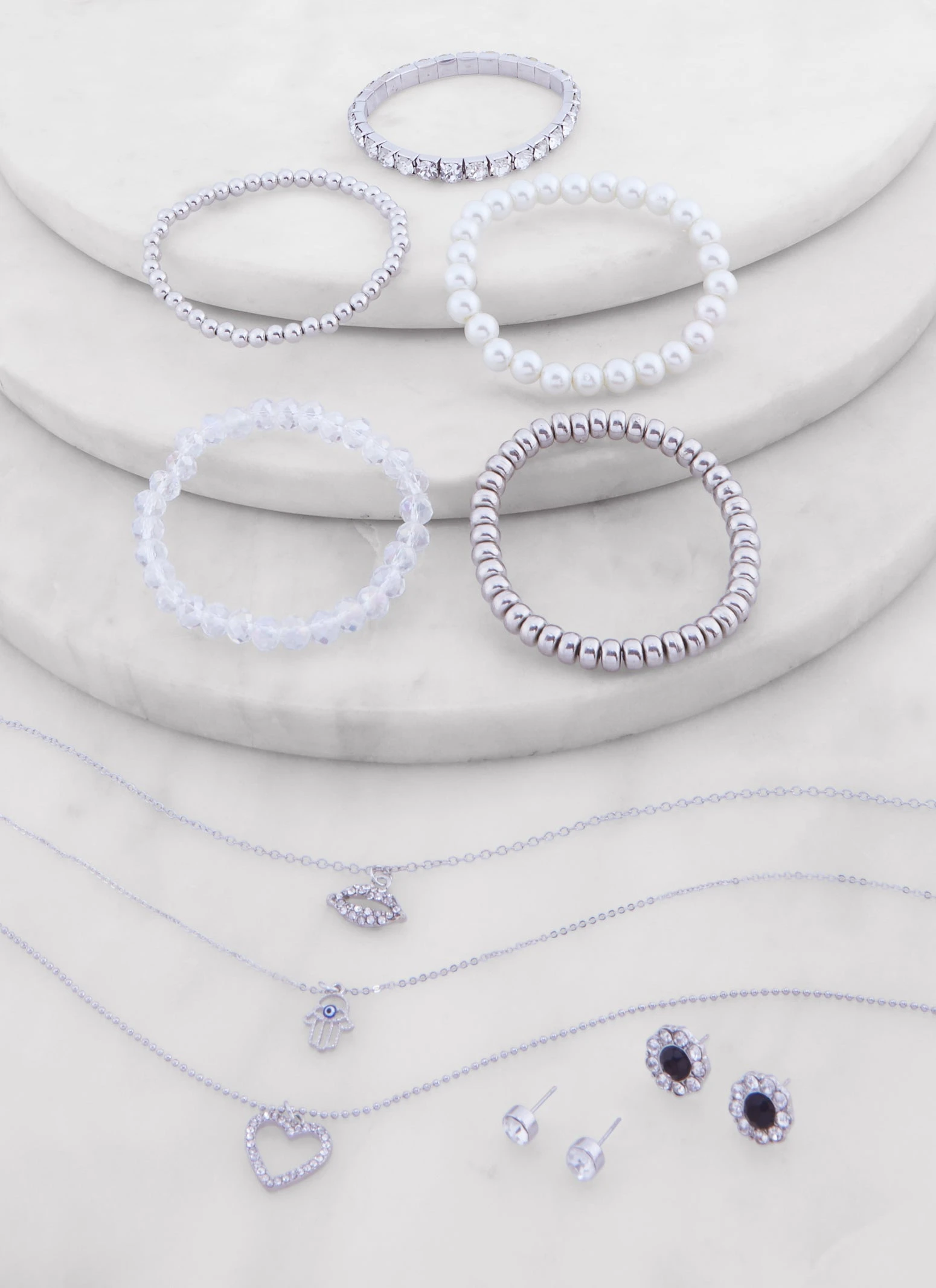 Heart Layered Necklace With Beaded Bracelets And Stud Earrings