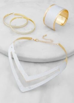 Glitter Collar Necklace With Bracelet And Hoop Earrings