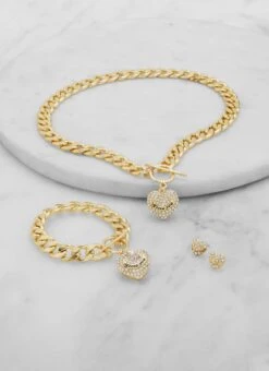 Rhinestone Heart Chain Necklace With Bracelet And Earrings