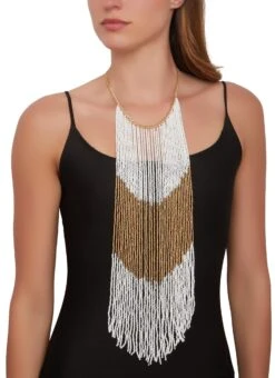 Color Block Beaded Fringe Necklace