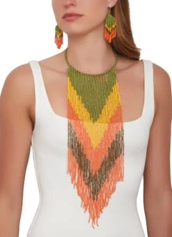 Chevron Beaded Fringe Necklace And Drop Earrings