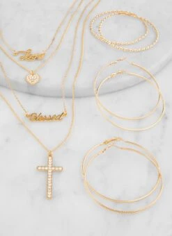 Rhinestone Cross Layered Chain Necklace And Hoop Earrings