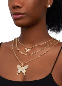 Rhinestone Butterfly Layered Necklace And Stud Earrings