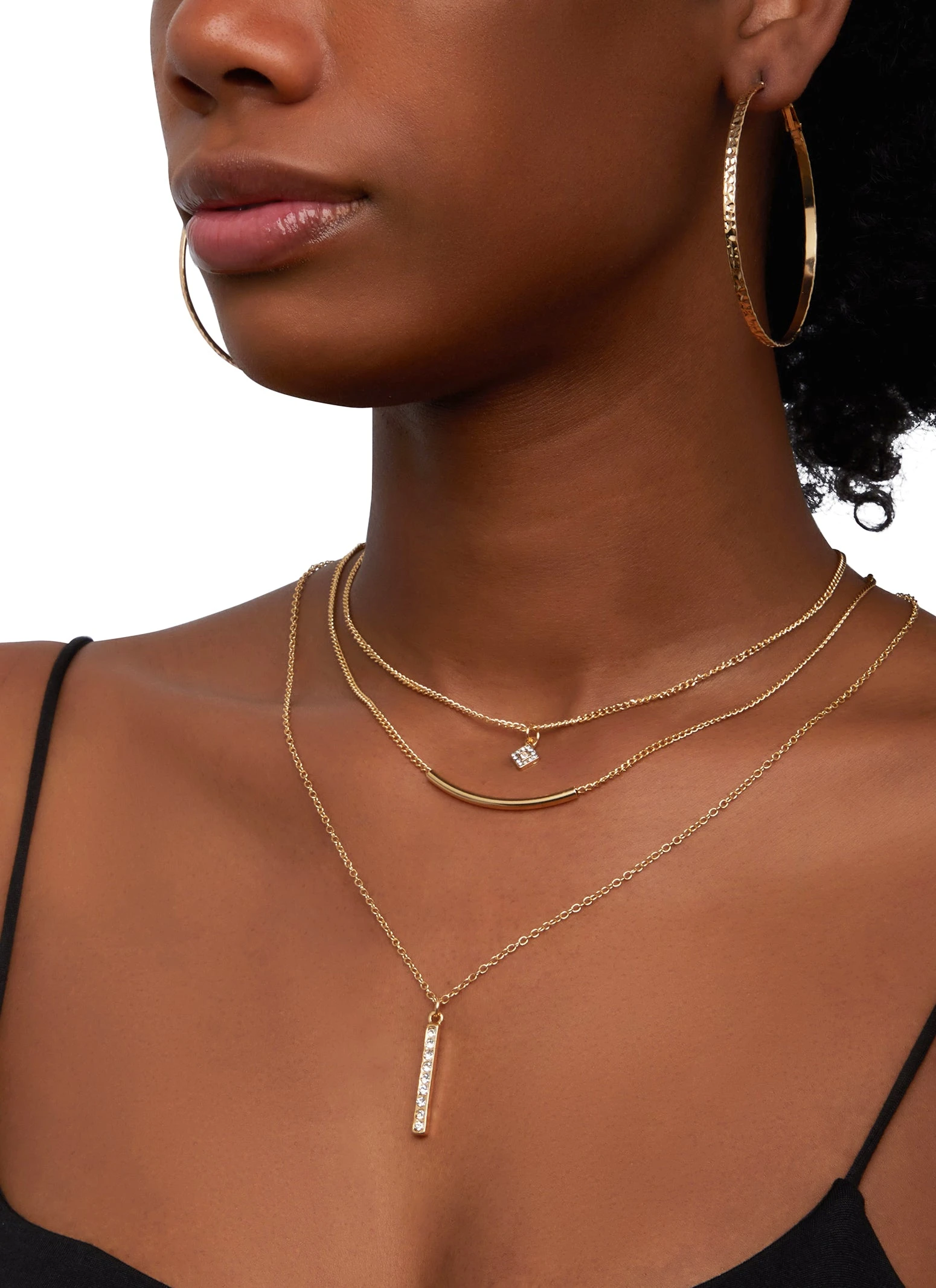 Rhinestone Layered Necklace With Hoop Earrings